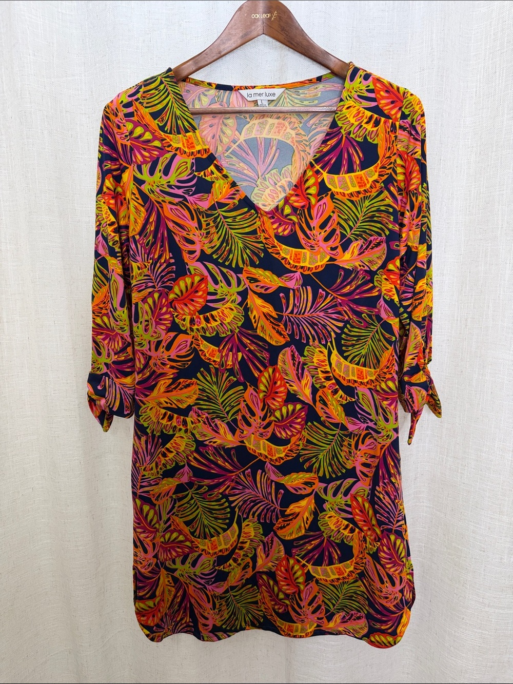 La Mer Luxe V-Neck Multi Color Tropical Leaf Dress Size Large